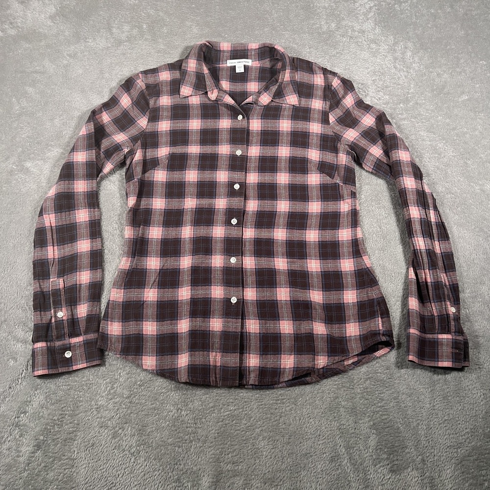 James Perse Shirt Womens 2‎ Medium Pink Brown Plaid Button Down Long Sleeve